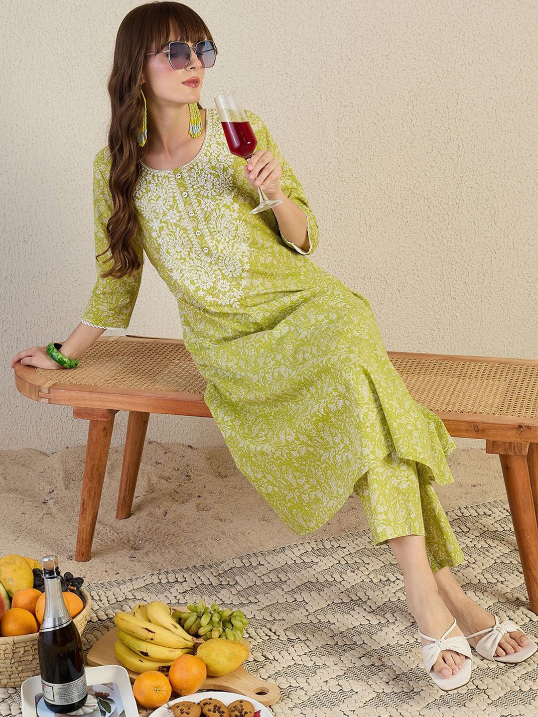 Indyancart IE Embroidered Pure Cotton Round Neck Top With Trousers Co-Ords