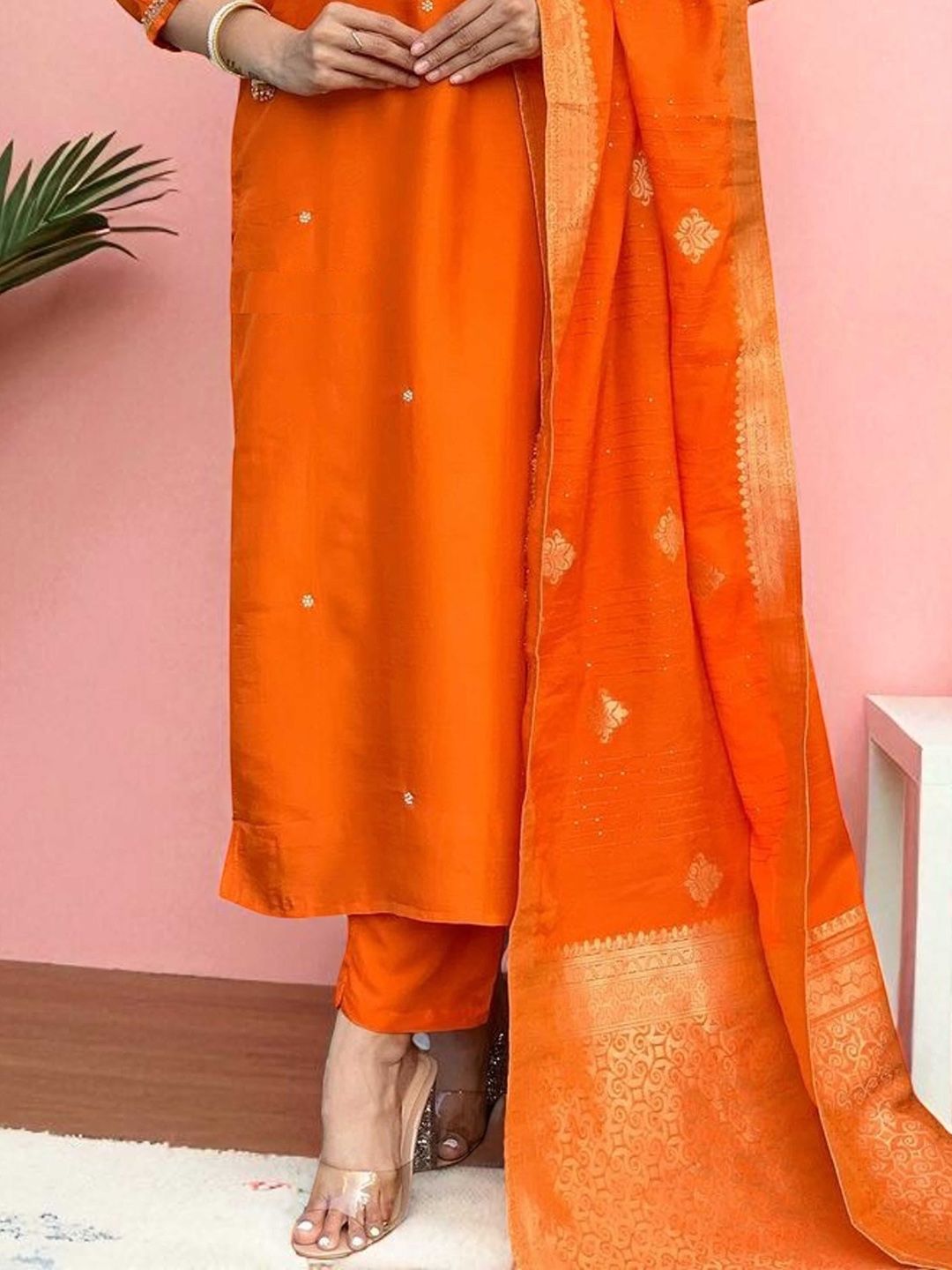 Indyancart SN Women's Floral Embroidered Thread Work Notch Neck Straight Kurta With Trouser And Dupatta