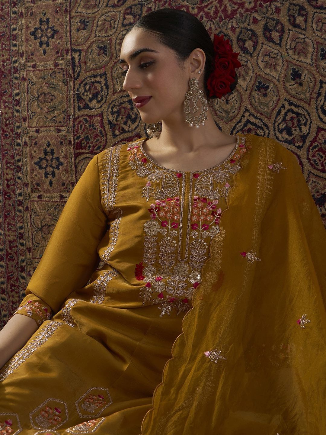 Floral Embroidered Thread Work Straight Kurta With Palazzo & Dupatta