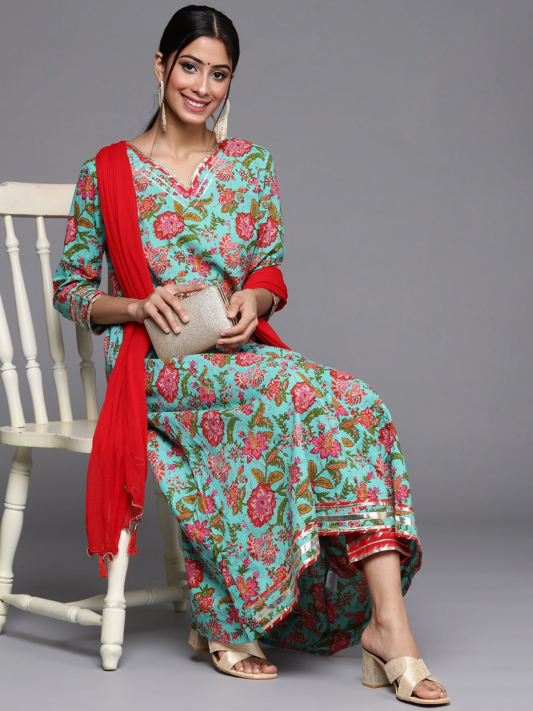 Indyancart VA Women's Blue & Pink Kalamkari Printed Anarkali Kurta with Trousers & Dupatta