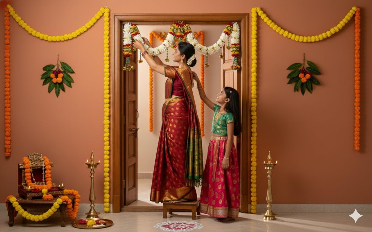 Toran for Main Door Entrance, Bandarwal for Festival, Pooja Mandir, Wedding & Home Decor, Handmade Traditional Flower Hanging for Home & Office Decor (42 inches x 14 inches) Cream
