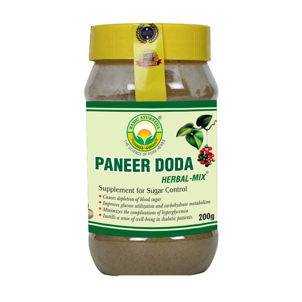 Basic Ayurveda Paneer Doda herbal mix powder in a jar, Ayurvedic wellness product for health and nutrition.