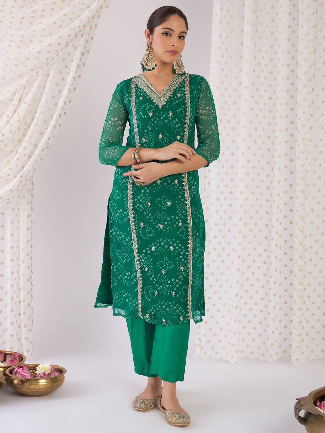 Indyancart IE Women Ethnic Motifs Thread Work Silk Chiffon Kurta with Trousers & With Dupatta