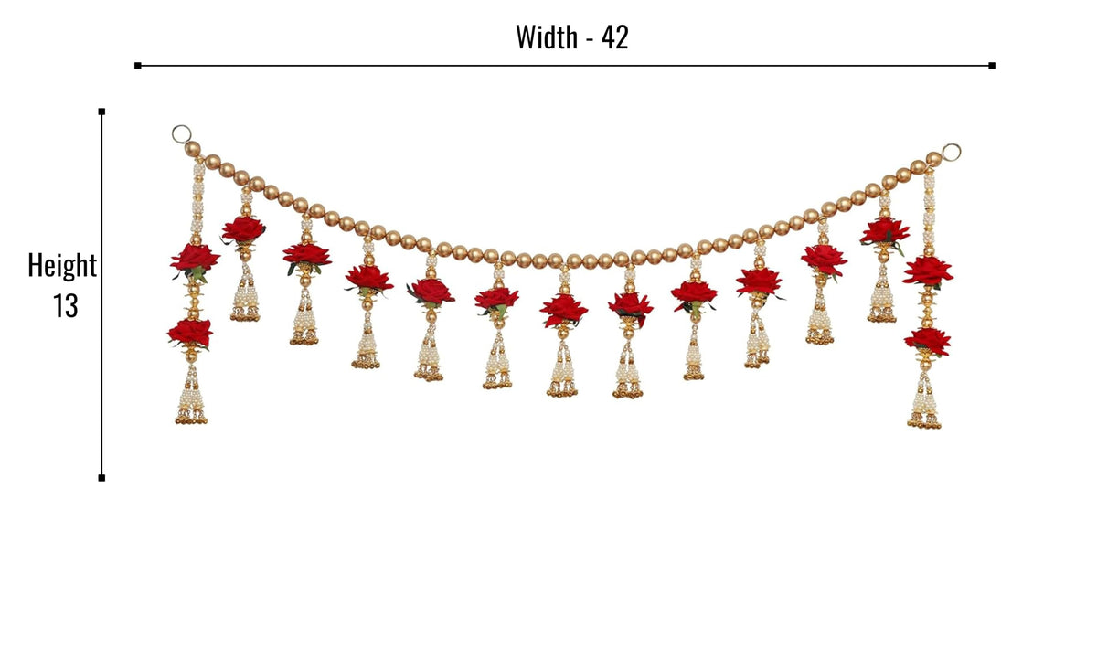 Red Velvet Rose with Pearls Toran for Main Door Entrance, Bandarwal for Festival, Pooja Mandir & Wedding, Handmade Traditional Flower Hanging for Home & Office Decor