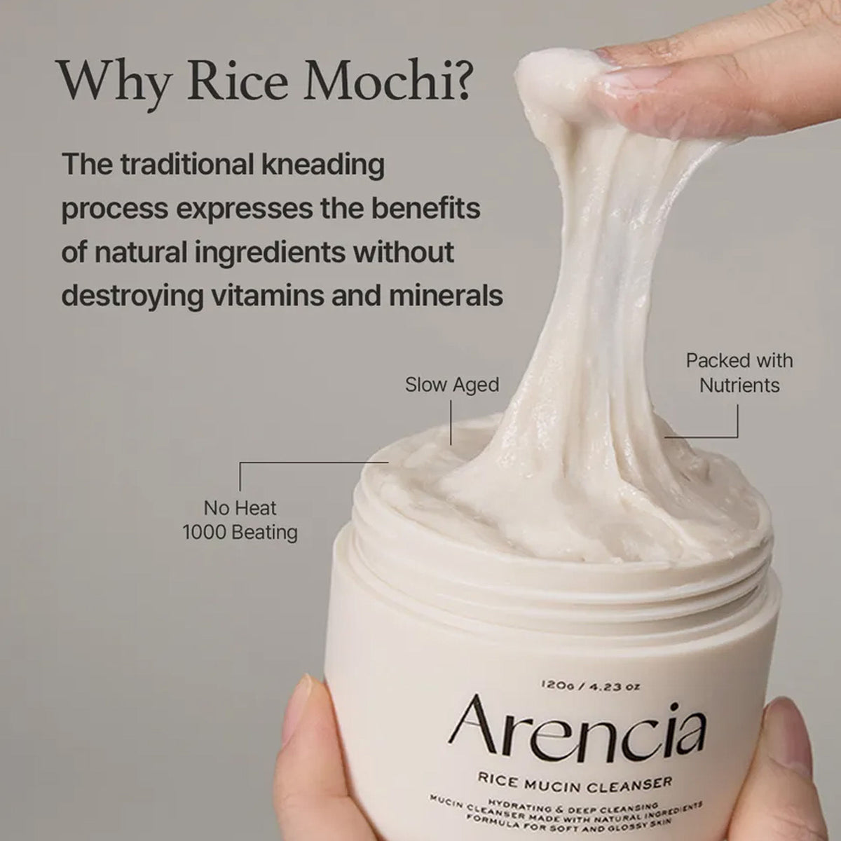 Arencia Rice Mucin Cleanser bottle with white label and pump dispenser, designed for gentle skincare.
