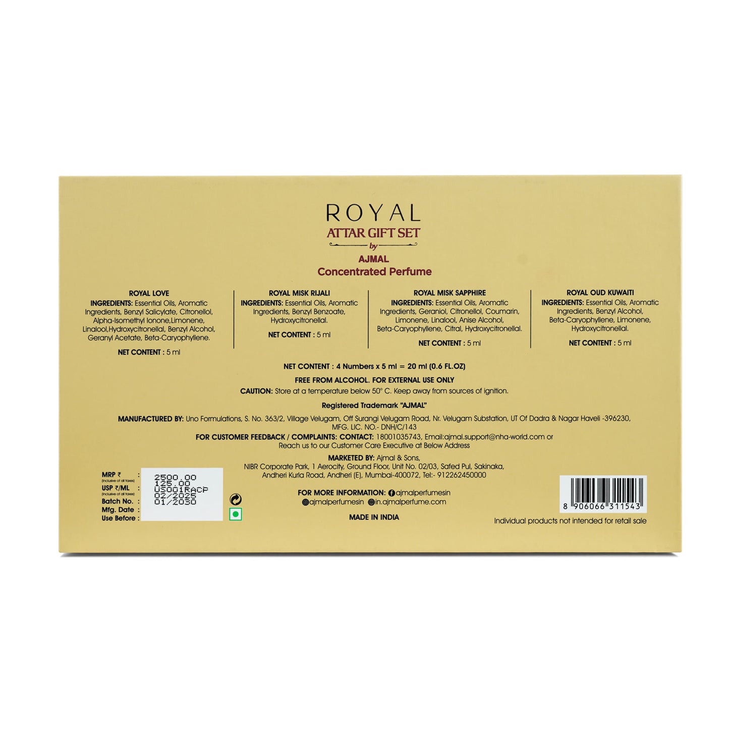 Ajmal India Royal Series Concentrated Perfume Gift Set - Pack Of 4
