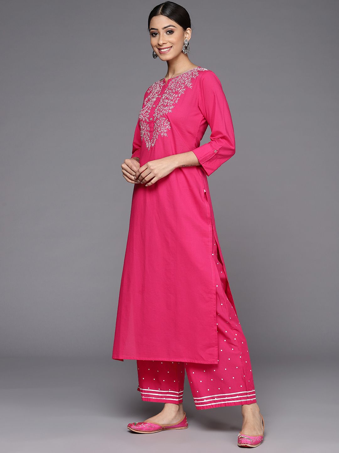 Indyancart VA Women's Fuchsia Pink Ethnic Motifs Pure Cotton Kurta with Palazzos & With Dupatta