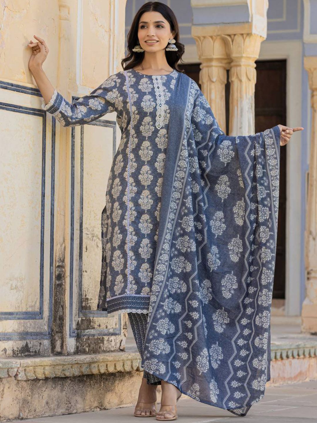 Indyancart VA Women'sEthnic Motifs Printed Regular Thread Work Kurta with Trouser & Dupatta