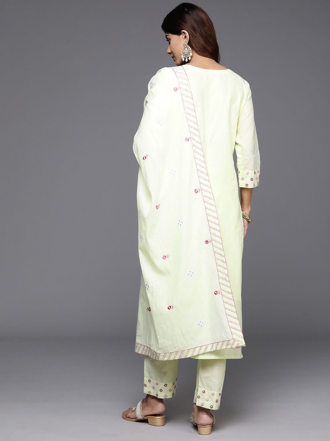 Indyancart VA Women's Floral Embroidered Regular Mirror Work Pure Cotton Kurta with Trousers & With Dupatta
