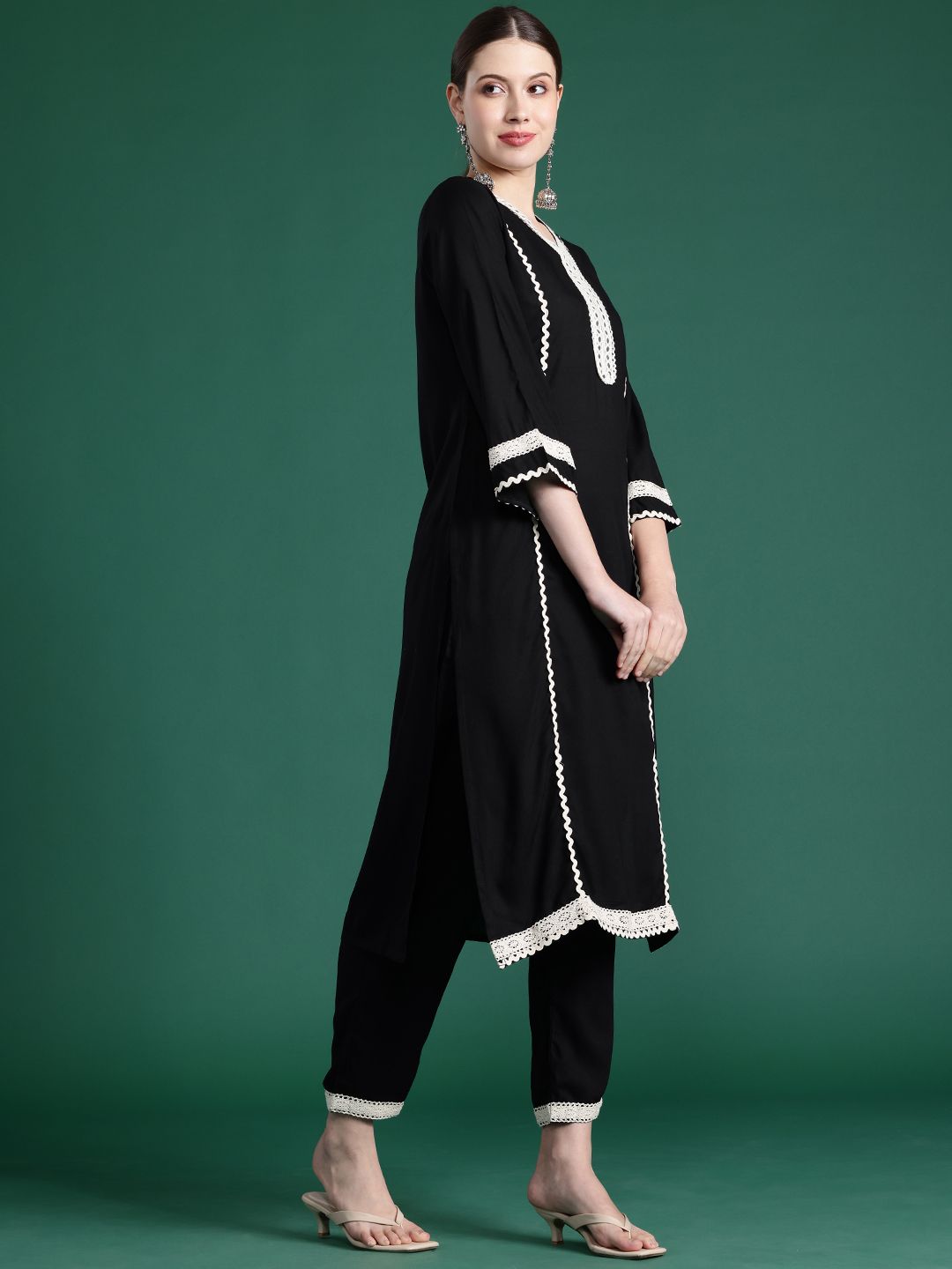 Indyancart IE Embroidered Panelled Mirror Work Kurta With Trousers & Dupatta