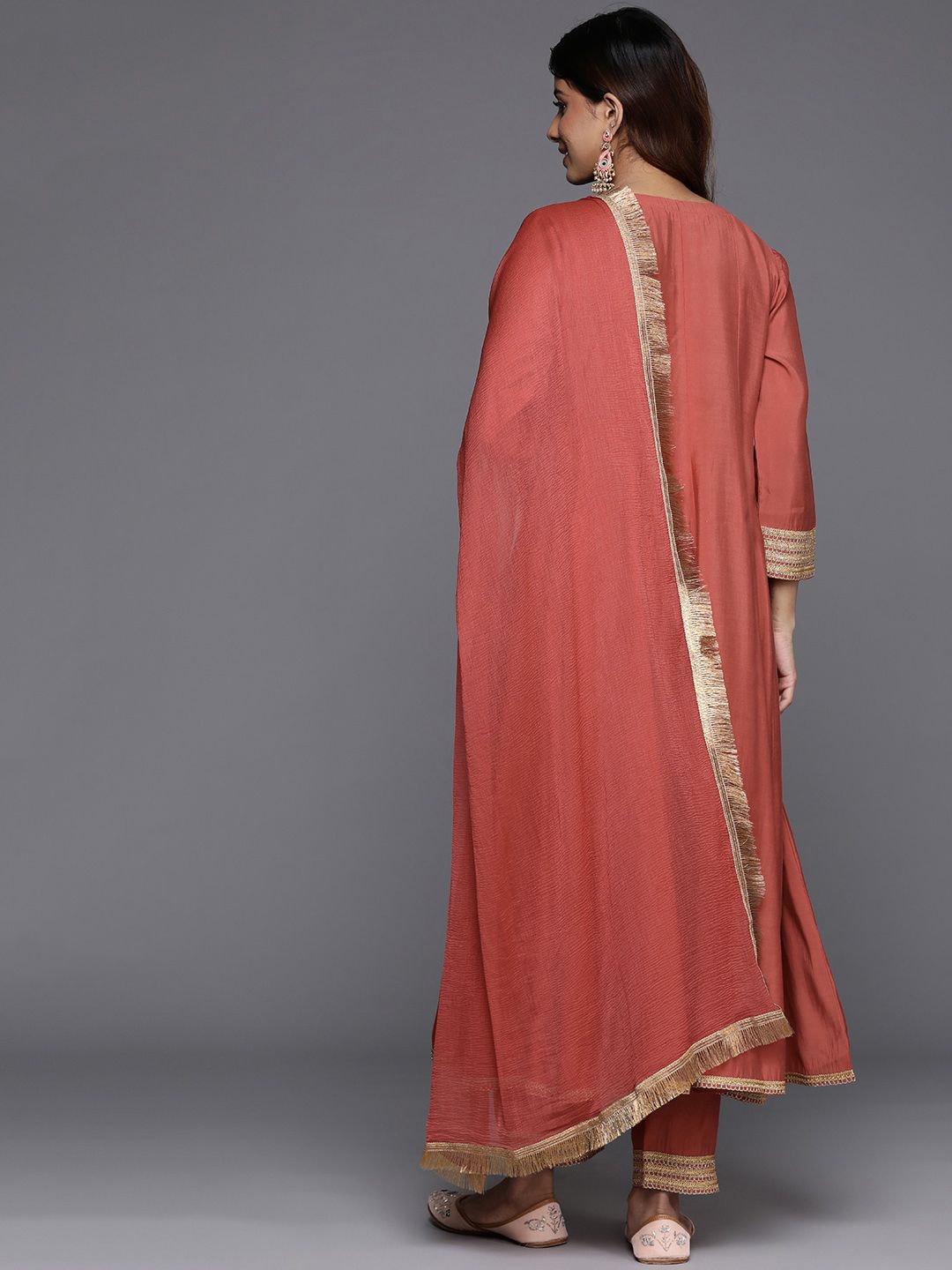 Indyancart VA Women'sFloral Embroidered Panelled Sequinned Kurta with Trousers & Dupatta