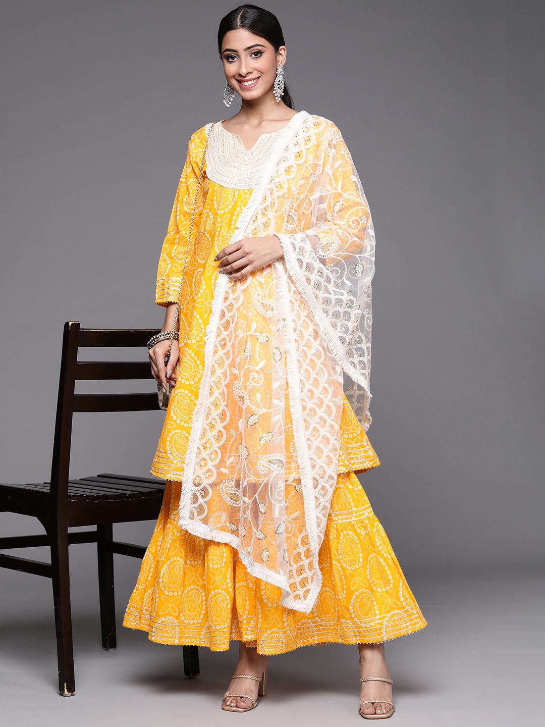 Indyancart VA Women's Mustard Yellow Bandhani Printed Pure Cotton Kurta with Sharara & Dupatta