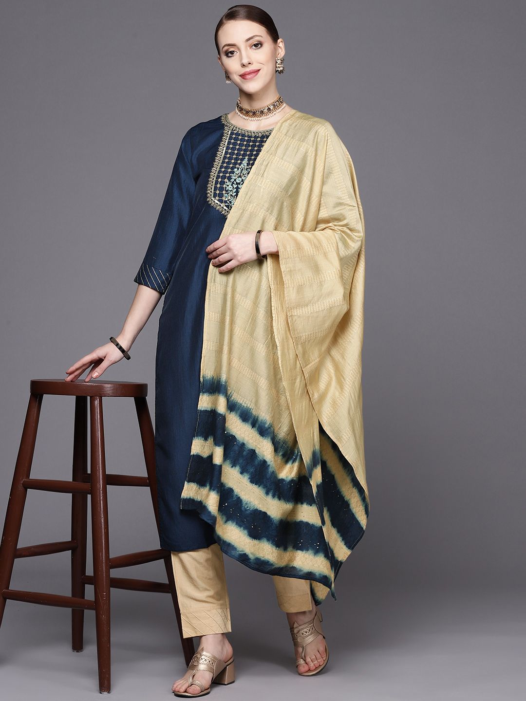 Indyancart VA Women's Navy Blue Yoke Design Kurta with Trousers & With Dupatta