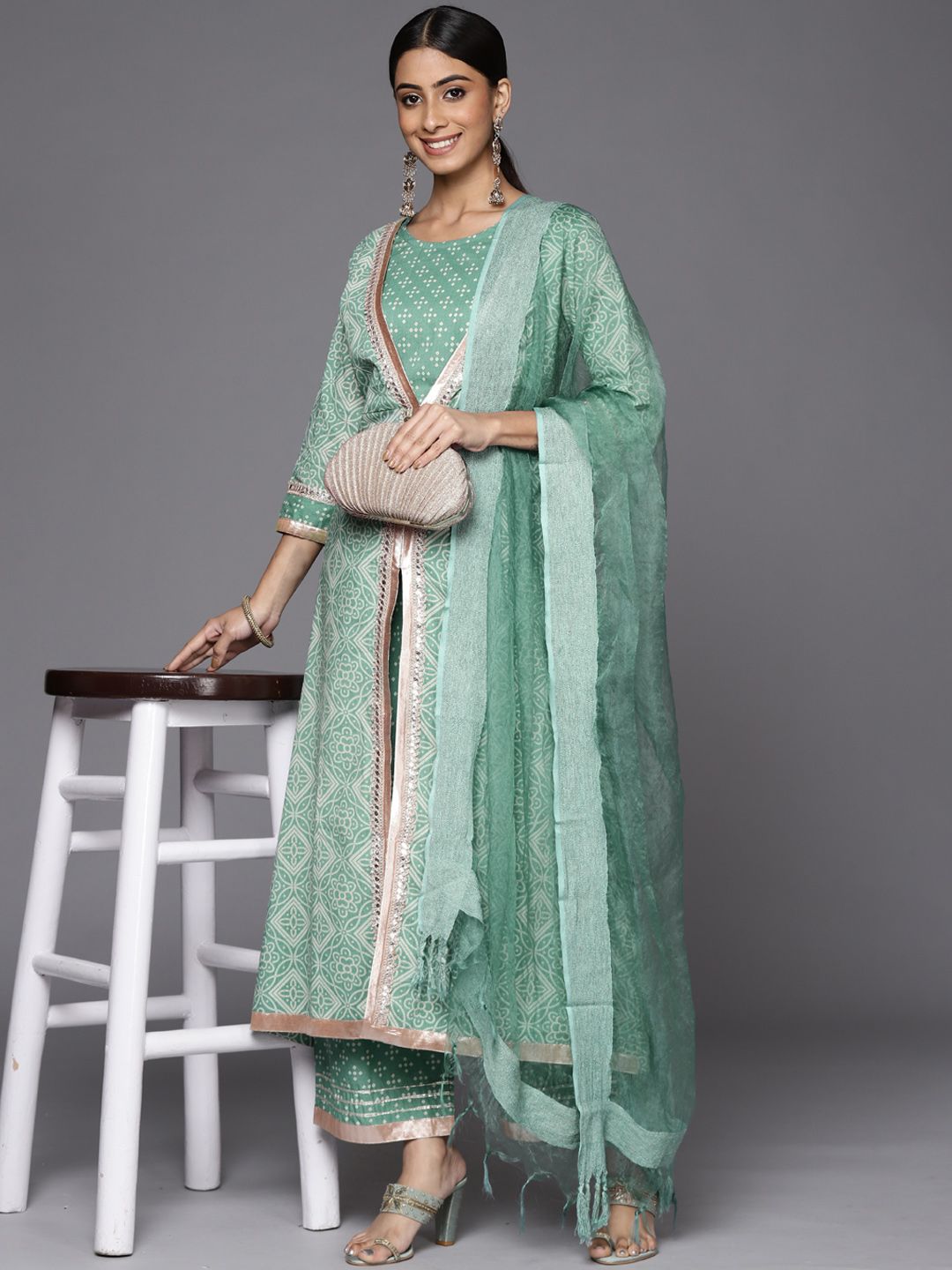 Indyancart VA Women's Teal Bandhani Printed High Slit Gotta Patti Pure Cotton Kurta with Palazzos & With Dupatta