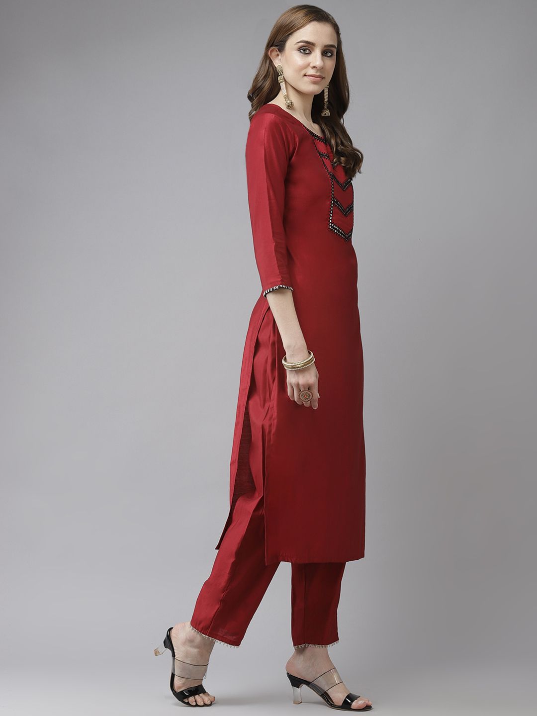 Indyancart IE Women Red & Black Kurta with Trousers & With Dupatta