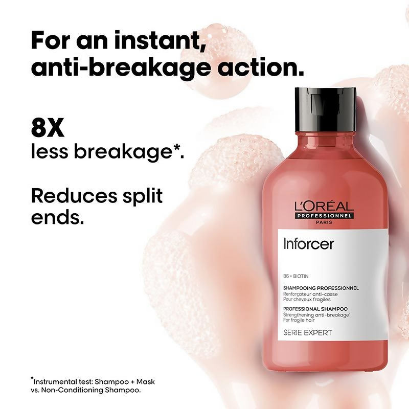 L'Oreal Professionnel Inforcer Shampoo for reduced hair breakage with biotin and vitamin B6, showing the shampoo bottle and label.