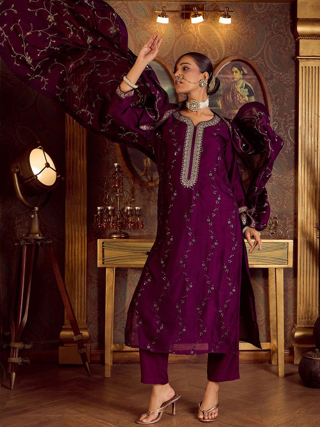 Dhiyona IE Floral Embroidered Zari Kurta with Trousers & Dupatta