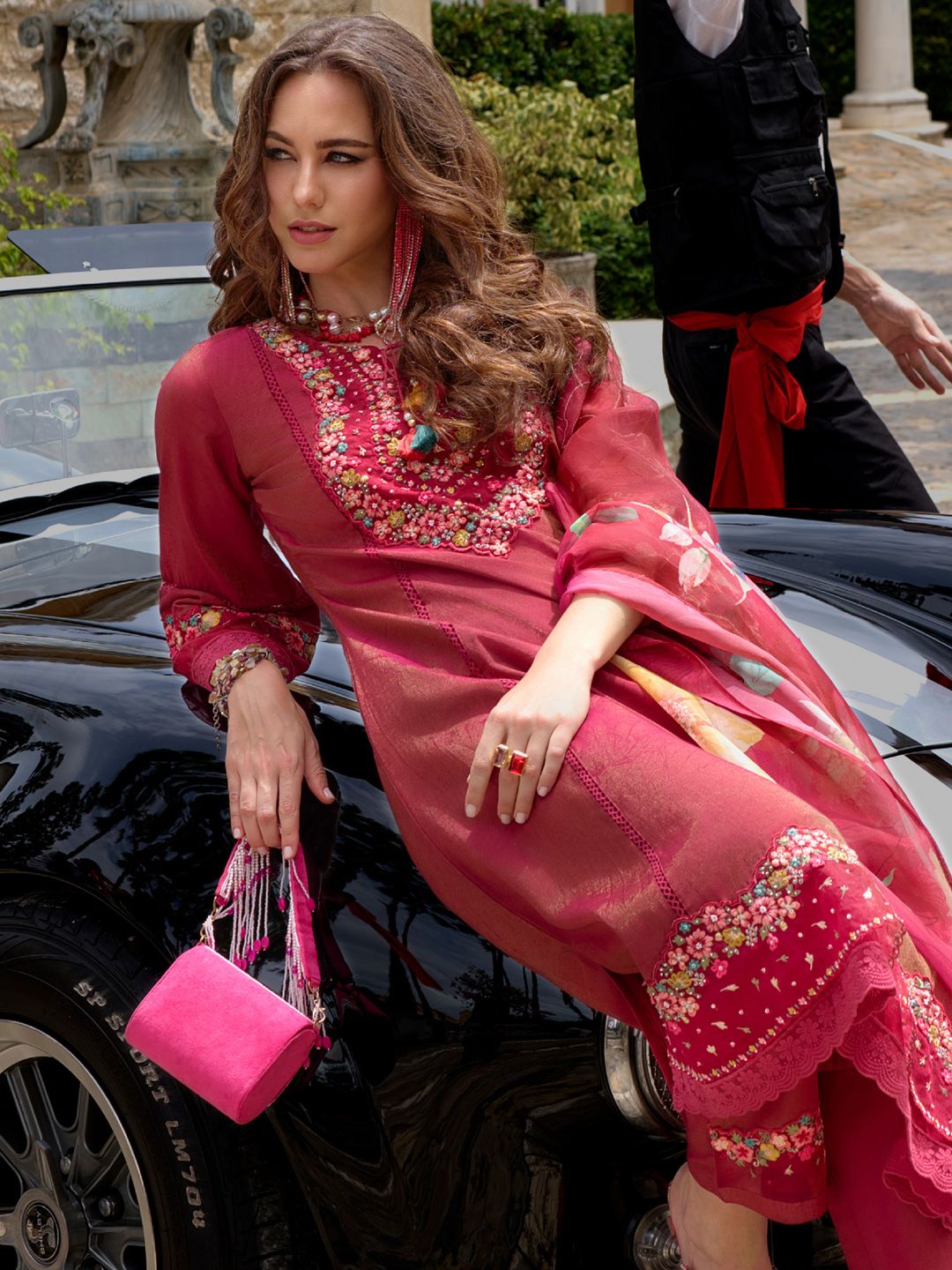 Indyancart IE Floral Embroidered Kurta With Trousers & Dupatta
