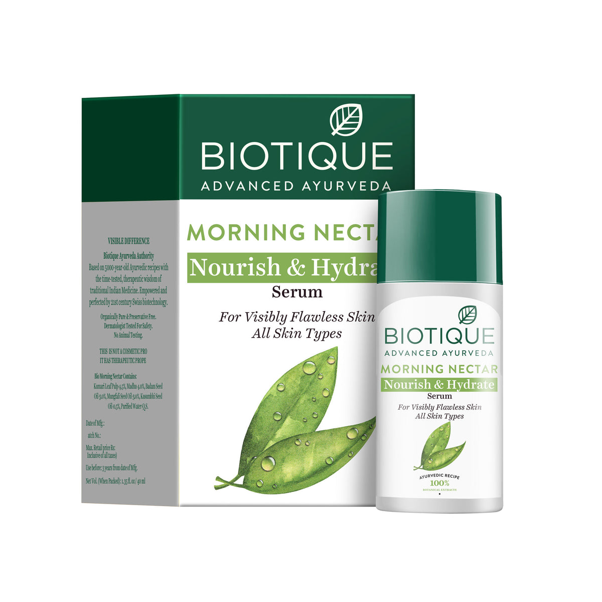 Biotique Bio Morning Nectar Visibly Flawless Serum bottle with label and dropper applicator, displayed on a neutral background.