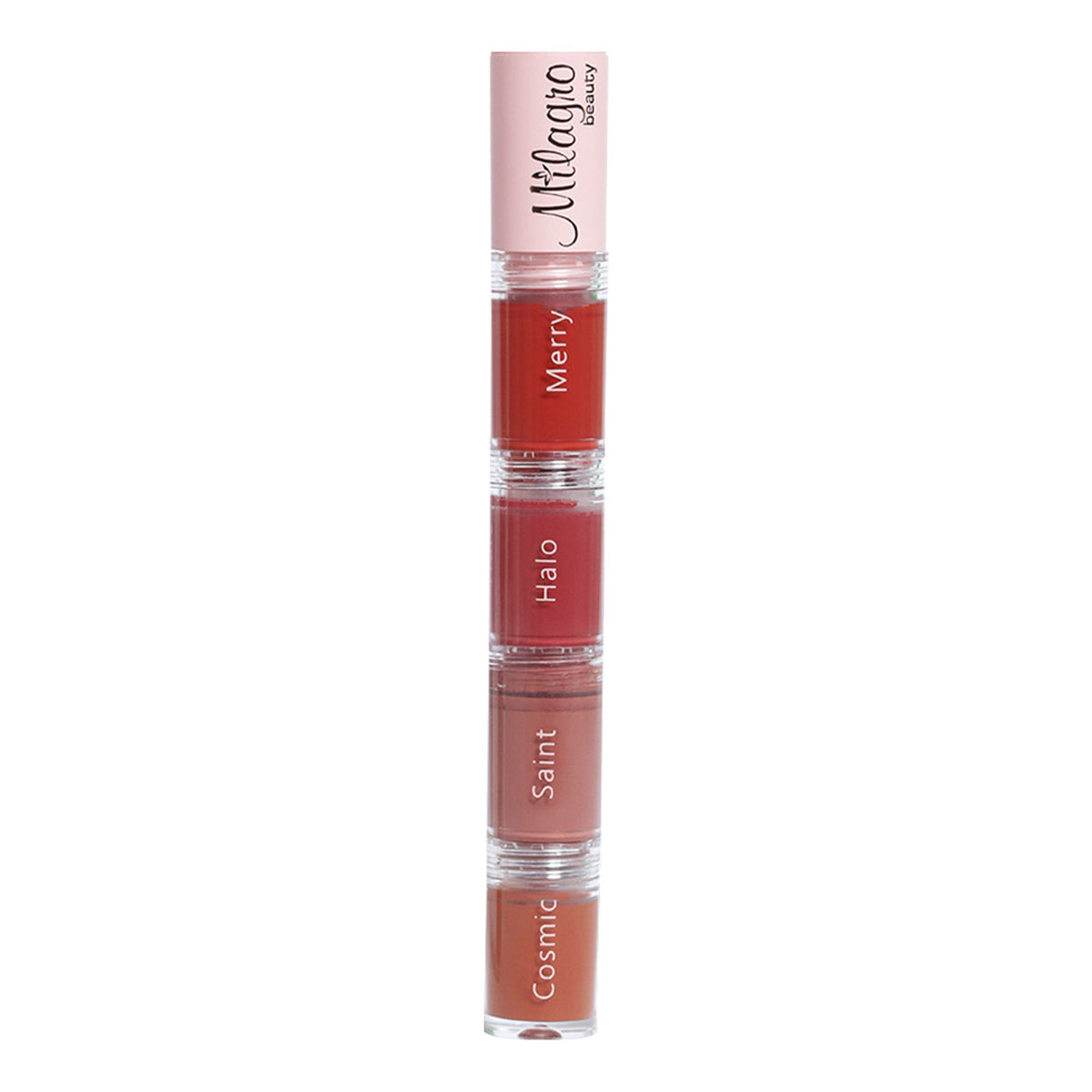 Milagro Beauty Quad Squad 3.0 lipstick set with four vibrant shades in sleek tubes, displayed on a neutral background.