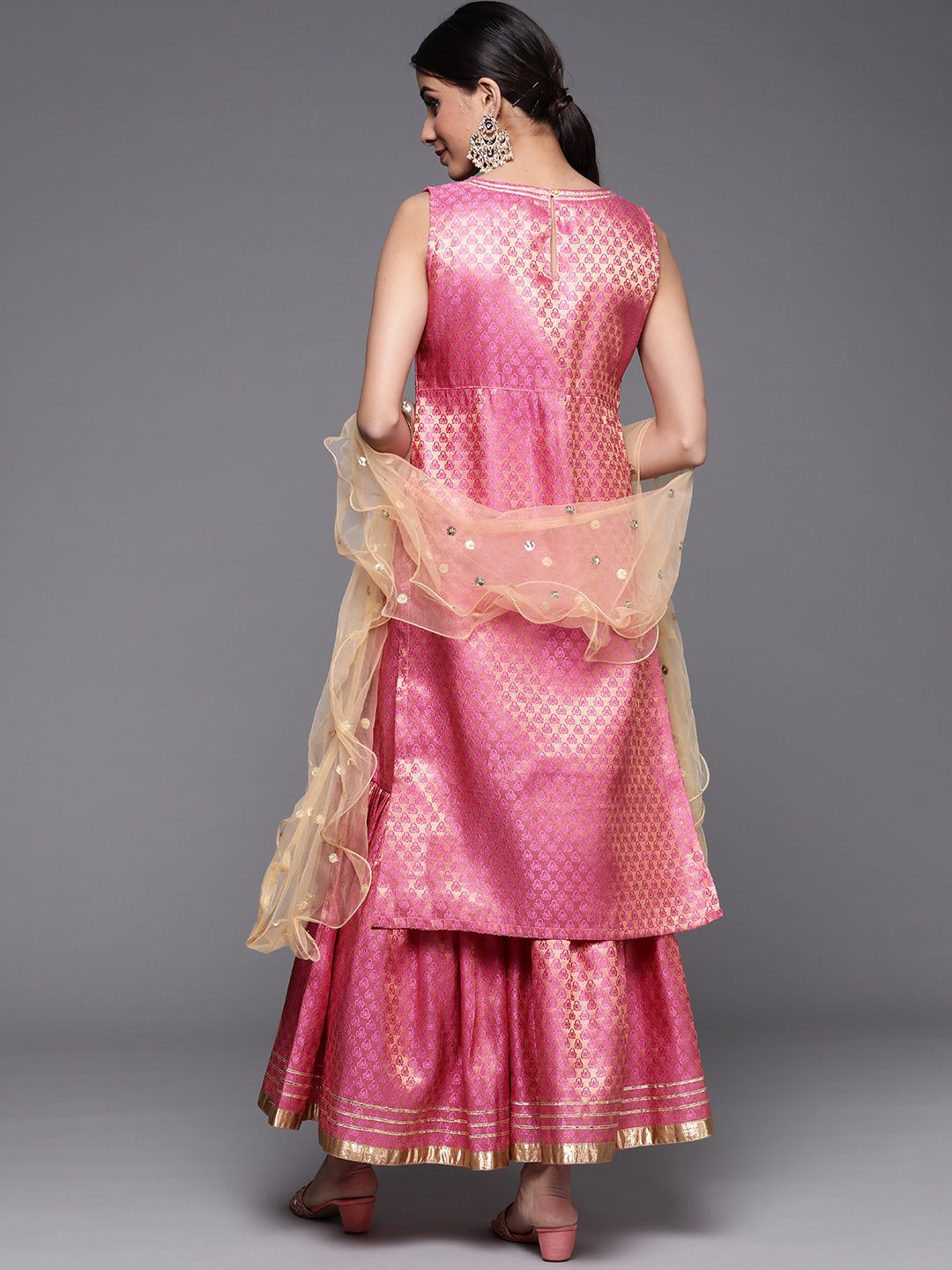 Indyancart VA Women's Peach-Coloured & Beige Floral Sequinned Kurta with Sharara & With Dupatta