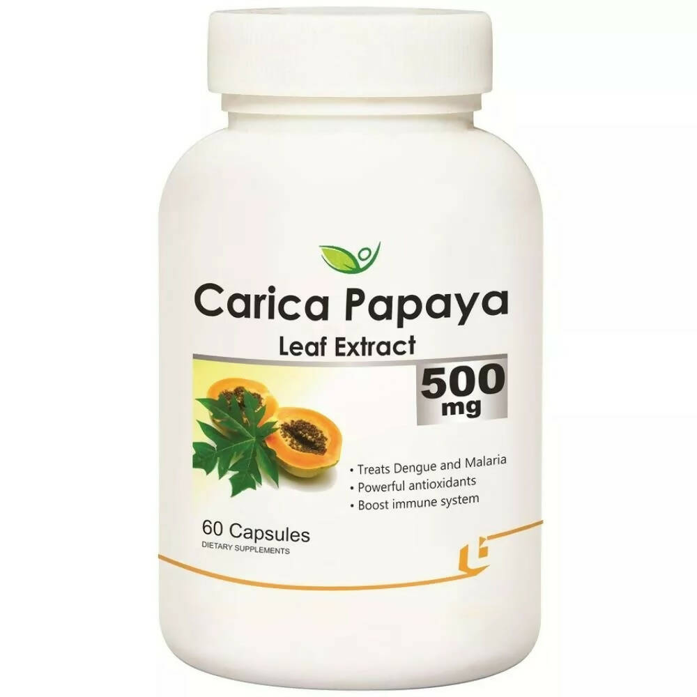 Biotrex Carica Papaya Leaf Extract 500mg capsules in a bottle, Ayurvedic herbal supplement for health support.