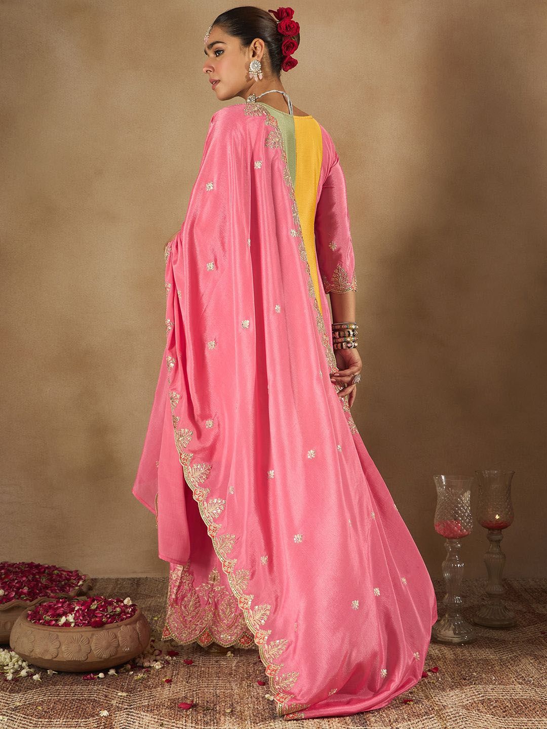 Indyancart IE Women Ethnic Motifs Embroidered Panelled Sequinned Kurta with Palazzos & Dupatta