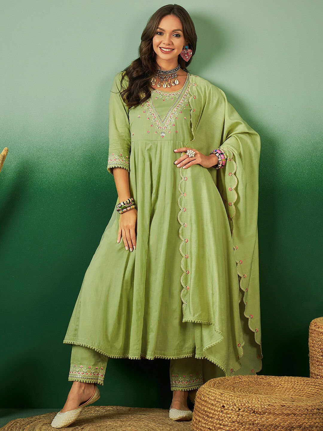 Indyancart SN Women's Sequence Embroidered Pure Cotton Anarkali Kurta With Trousers & Dupatta