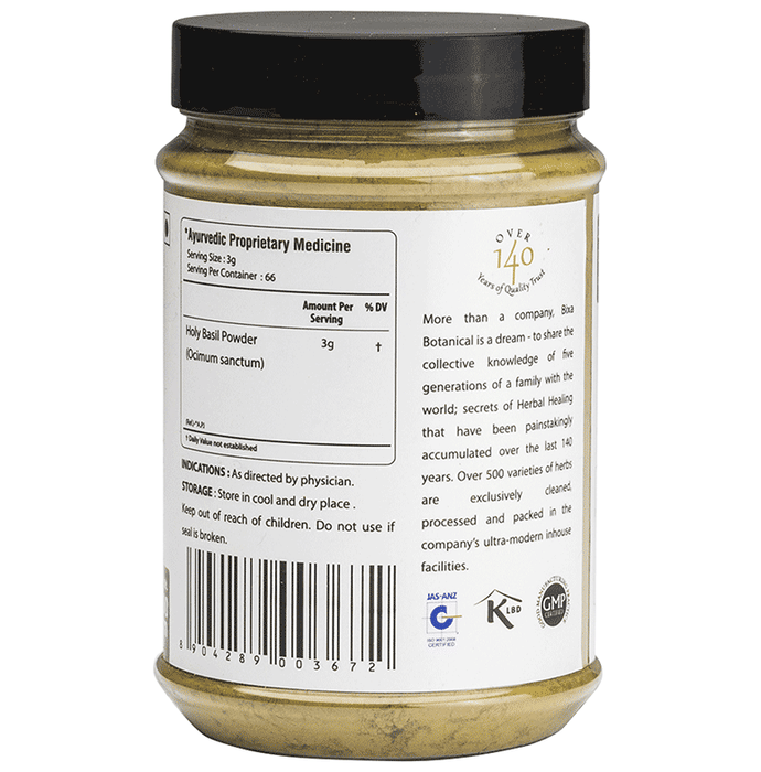 Bixa Botanical Tulsi Powder in a glass jar, organic Ayurvedic herbal powder with fresh green tulsi leaves visible.