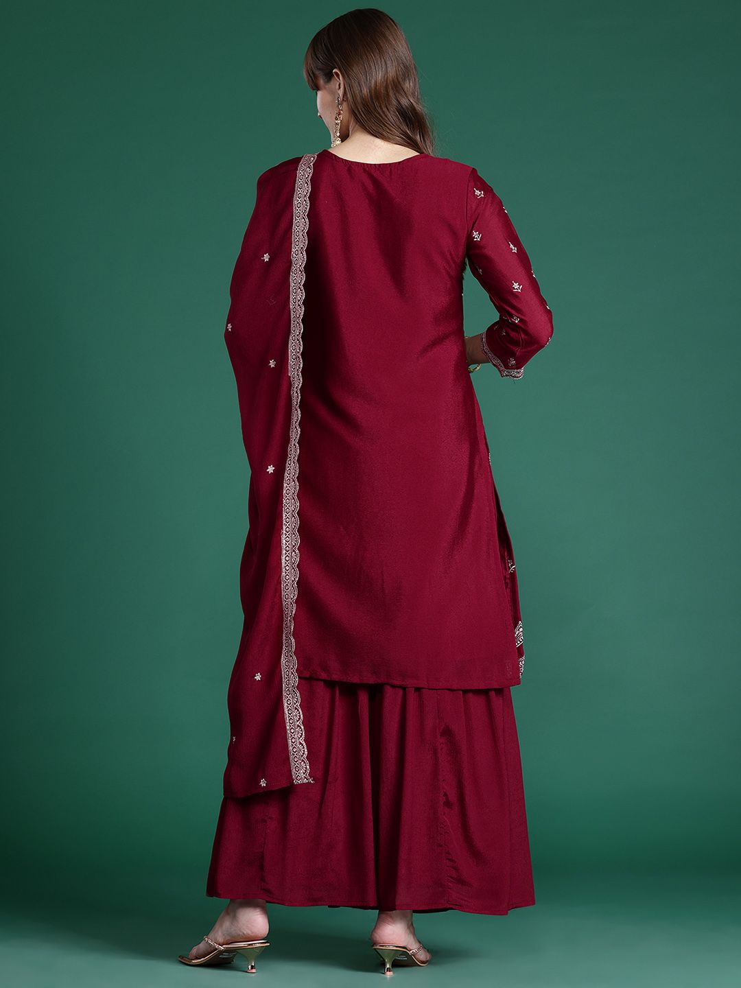 Indyancart IE Ethnic Motifs Embroidered Kurta with Sharara & Dupatta