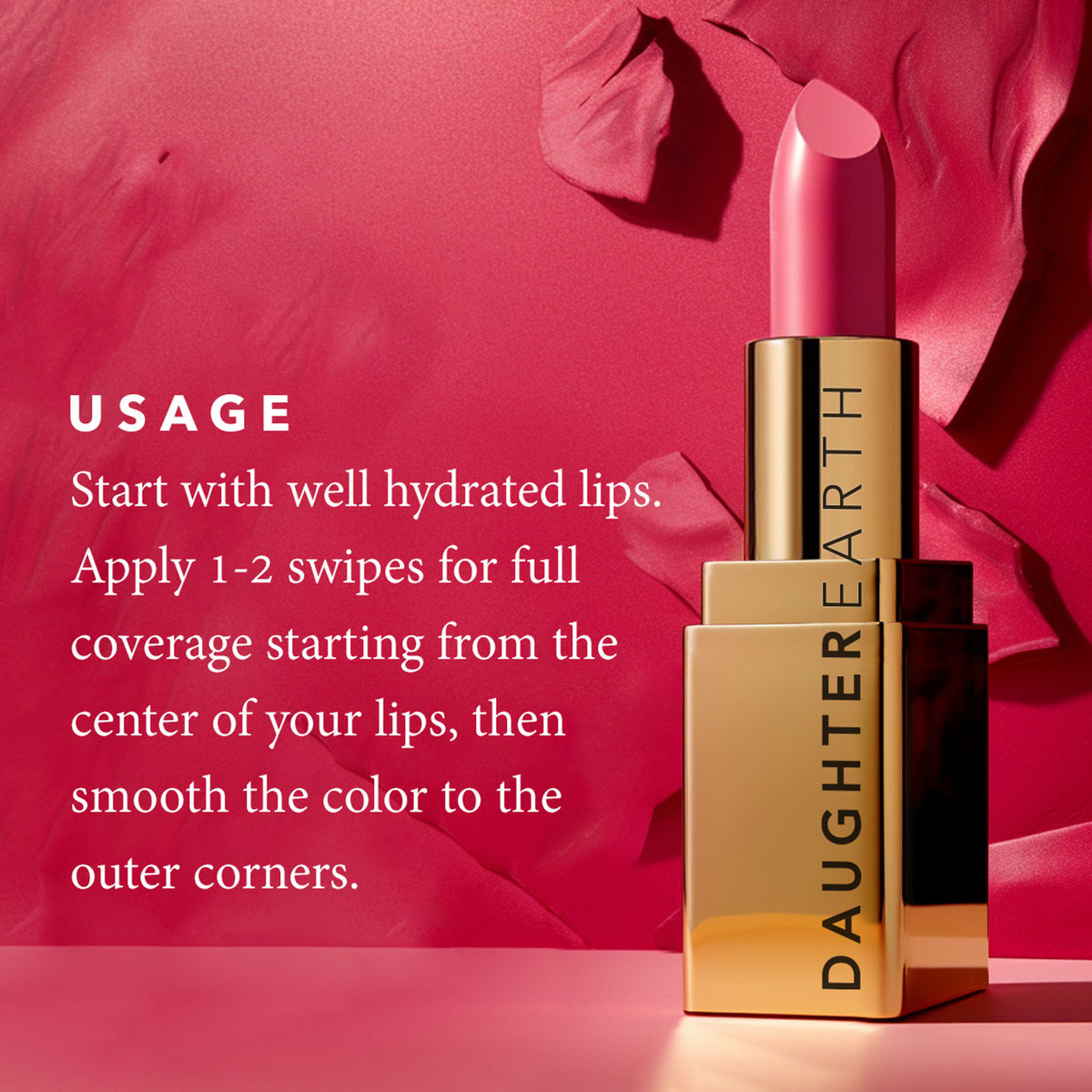 Daughter Earth Siachen Rose Velvet Phytonutrient Lipstick in natural creamy pink shade, showcasing smooth lipstick application.