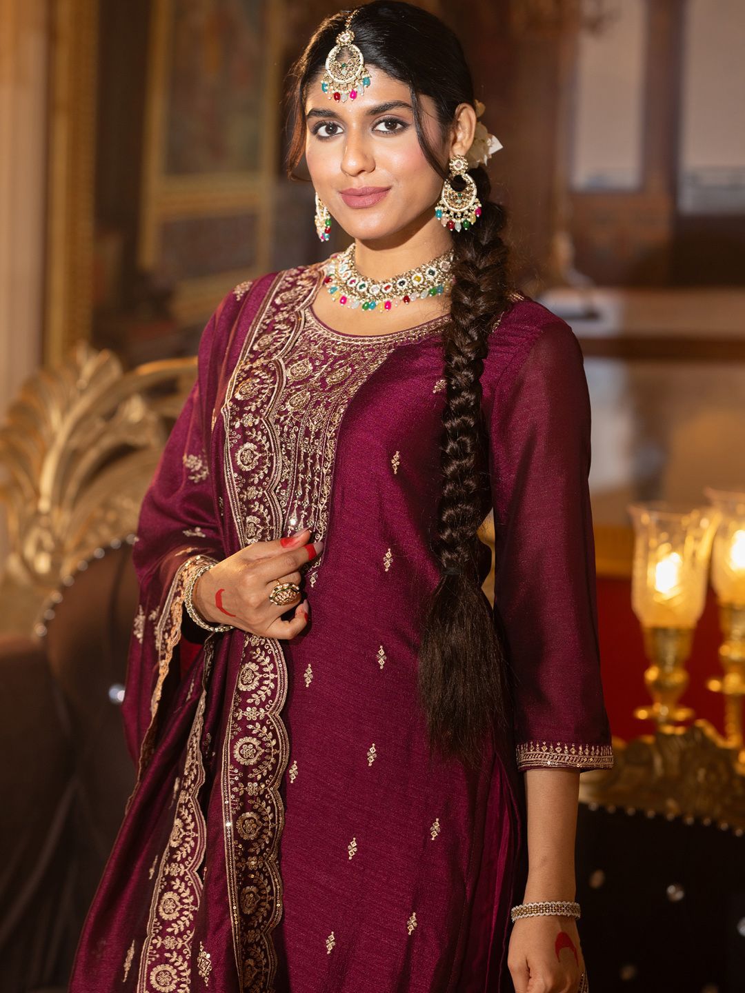 Embroidered Gotta Patti Work Round Neck Kurta With Trousers & Dupatta