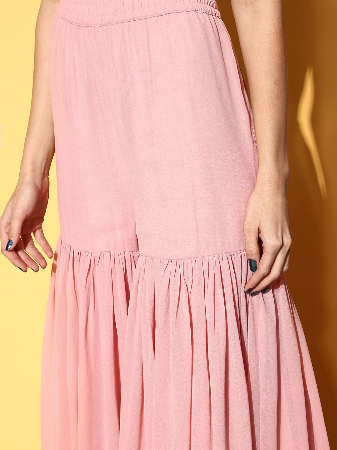 Indyancart VA Women's Peach-Coloured Striped Kurta with Sharara & Dupatta