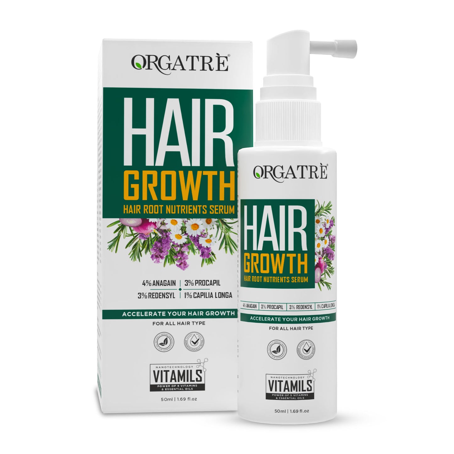 Orgatre Hair Growth Serum - 3% Redensyl, 4% Anagain, Castor & Rosemary Oil For Hairfall Control