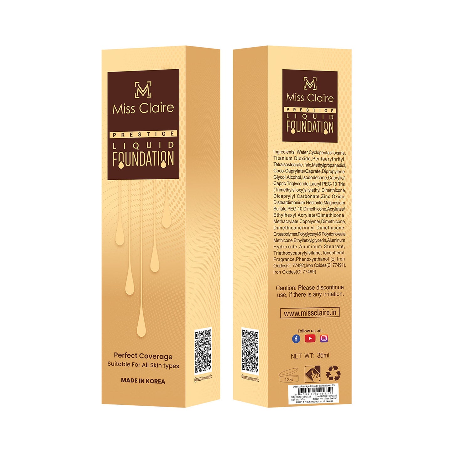 Miss Claire Prestige Liquid Foundation Perfect Coverage - 23 Skin Beige