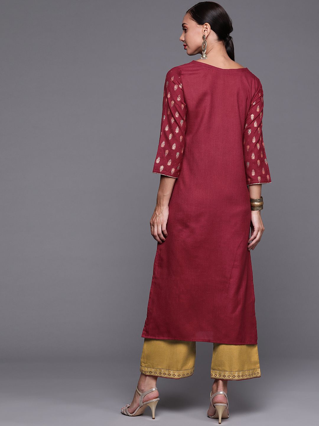 Indyancart IE Women Maroon Ethnic Motifs Printed Kurta with Palazzos