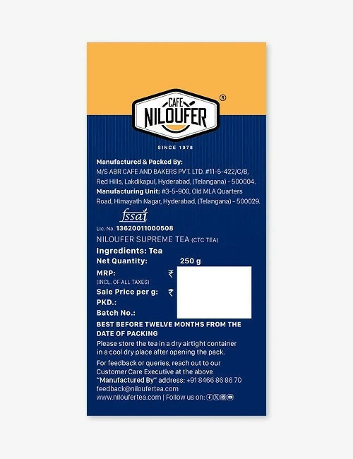 Cafe Niloufer Supreme Tea Powder in a pack, showcasing premium tea powder for brewing flavorful cups.