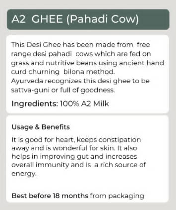 Organic Potli A2 Vedic Ghee Pahadi Cow | A2 Gir Cow Organic A2 Ghee Vedic Bilona Method Grassfed Cultured Traditional Curd Bilona Ghee, Glass Bottle