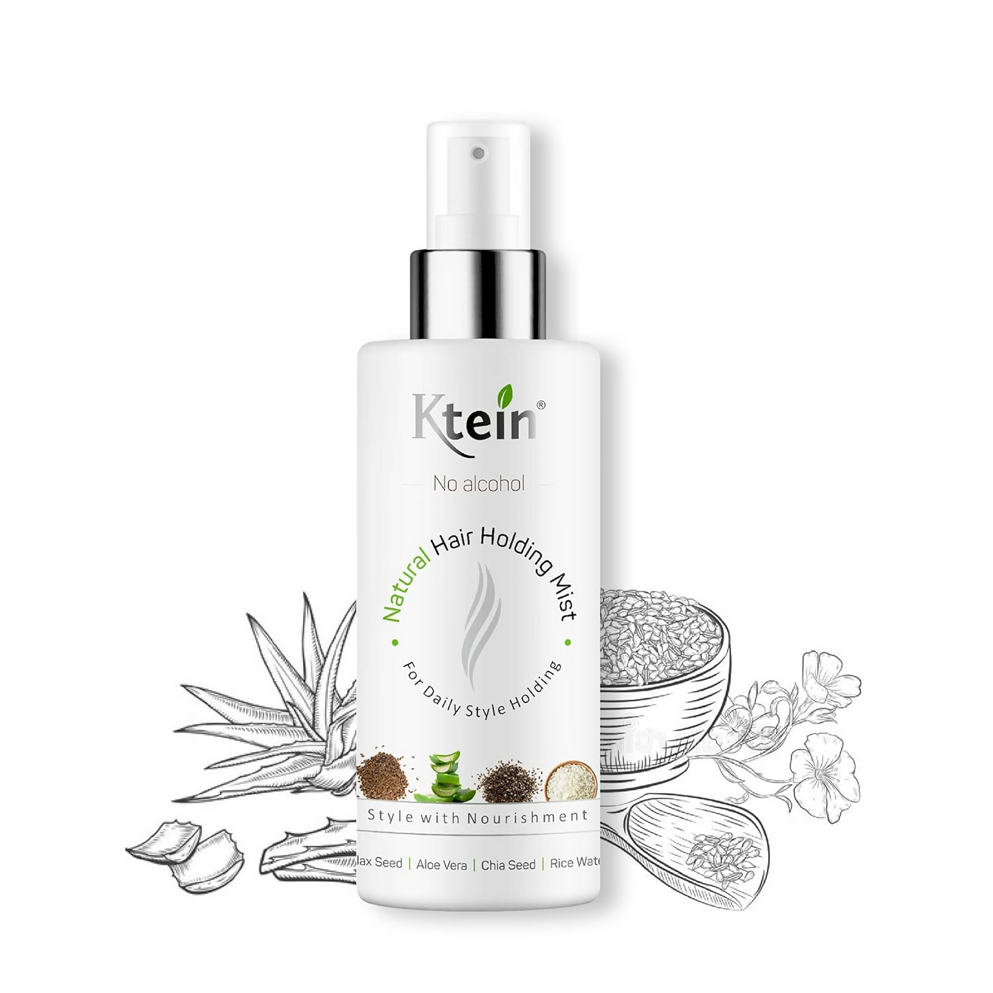 Ktein Natural Hair Holding Spray without alcohol, lightweight spray bottle, designed for strong, alcohol-free hair hold.
