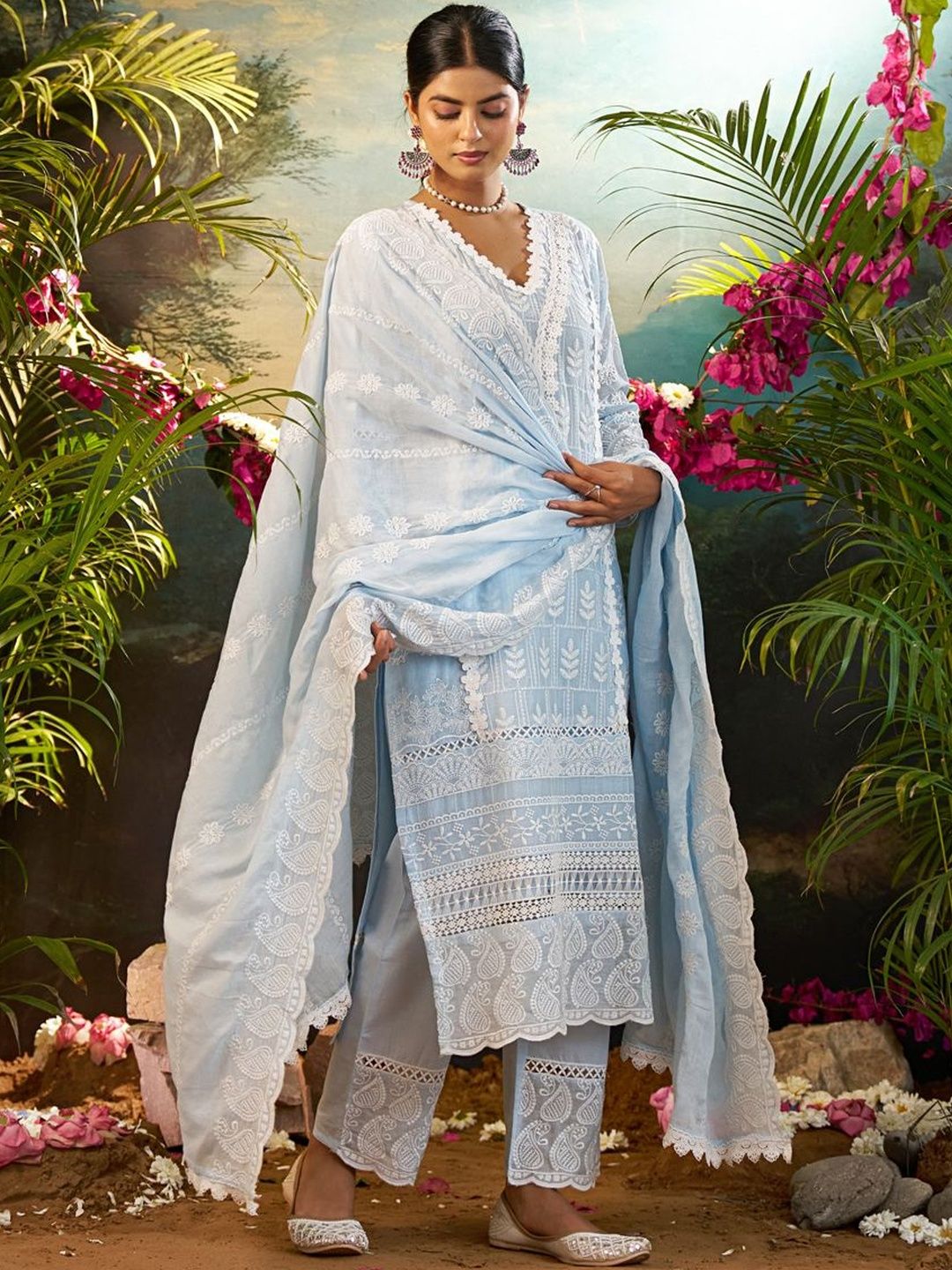 Women Ethnic Motifs Embroidered Regular Chikankari Pure Cotton Kurta with Trousers & With Dupatta
