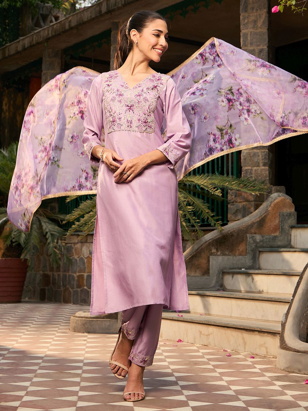 Indyancart IE V Neck Ethnic Motifs Embroidered Regular Kurta with Trouser & Dupatta