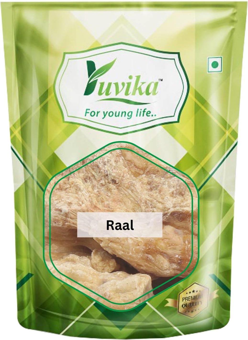Yuvika Raal PILI Shorea Robusta resin, Dammar resin for Ayurvedic use, showing natural golden-brown resin pieces in the image.