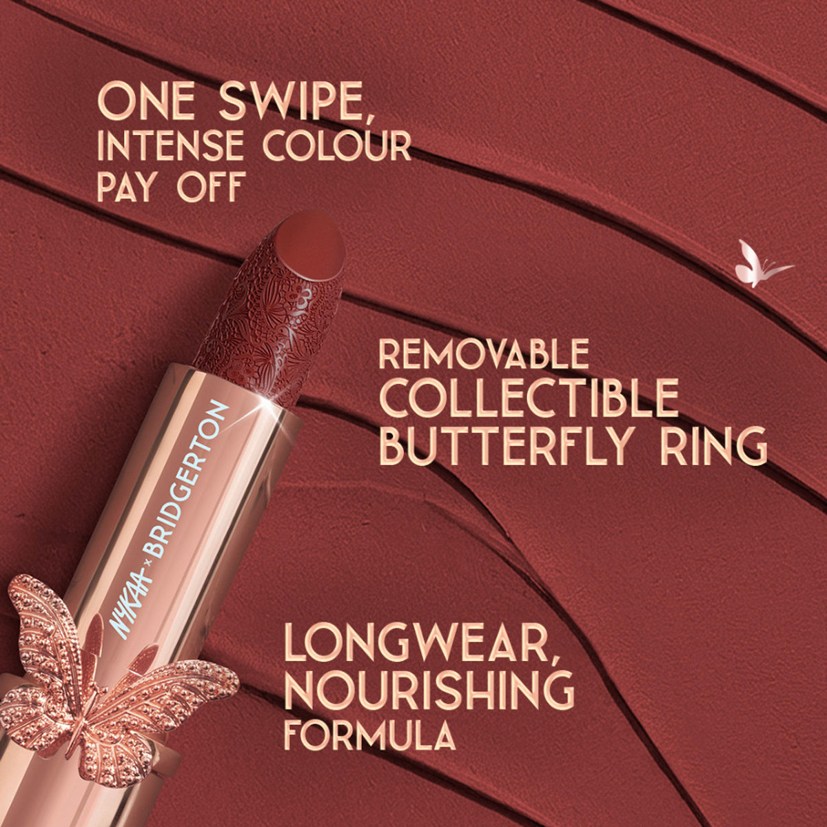 Nykaa Cosmetics Bridgerton Creamy Matte Longwear Lipstick in Full Bloom, displaying a vibrant pink lipstick bullet with sleek packaging.