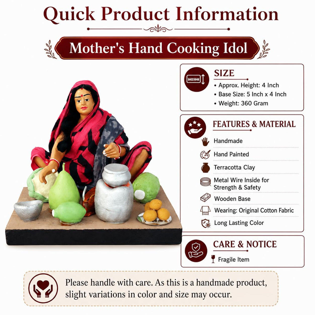 Niharika Collections Krishnanagar Handmade Terracotta Clay | Basic- Sitting Human Figure Miniature Idol - Mother's Hand Cooking | Home Decor, Golu Display and Gifting