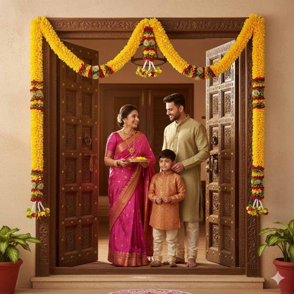 Toran for Main Door Entrance, Bandarwal for Festival, Pooja Mandir & Wedding, (42 inches x 24 inches) Handmade Traditional Flower Hanging for Home & Office Decor (Golden Yellow)