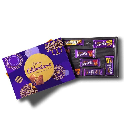 Assorted Cadbury Celebrations chocolates gift pack featuring a variety of chocolate pieces in colorful packaging.