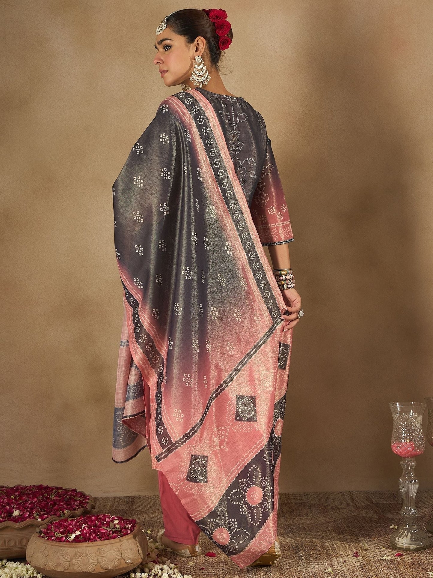 Indyancart IE Floral Embroidered Embellished Notch Neck Straight Kurta with Trouser And Dupatta