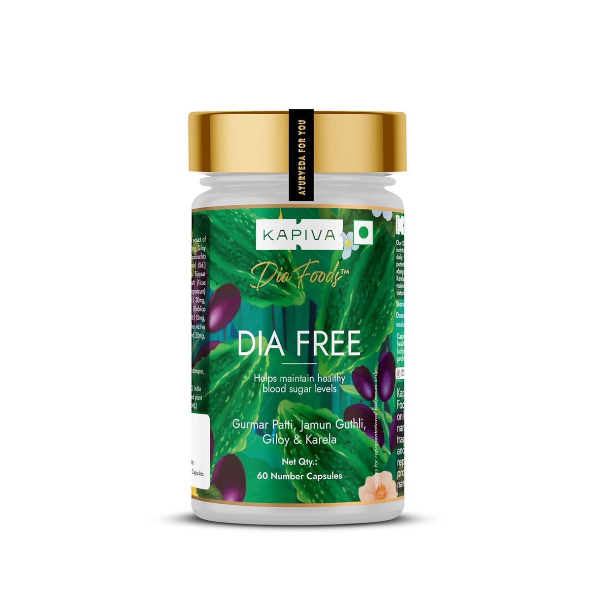 Kapiva Ayurveda Dia Free capsules, natural Ayurvedic wellness supplement in a clear bottle with capsules inside.