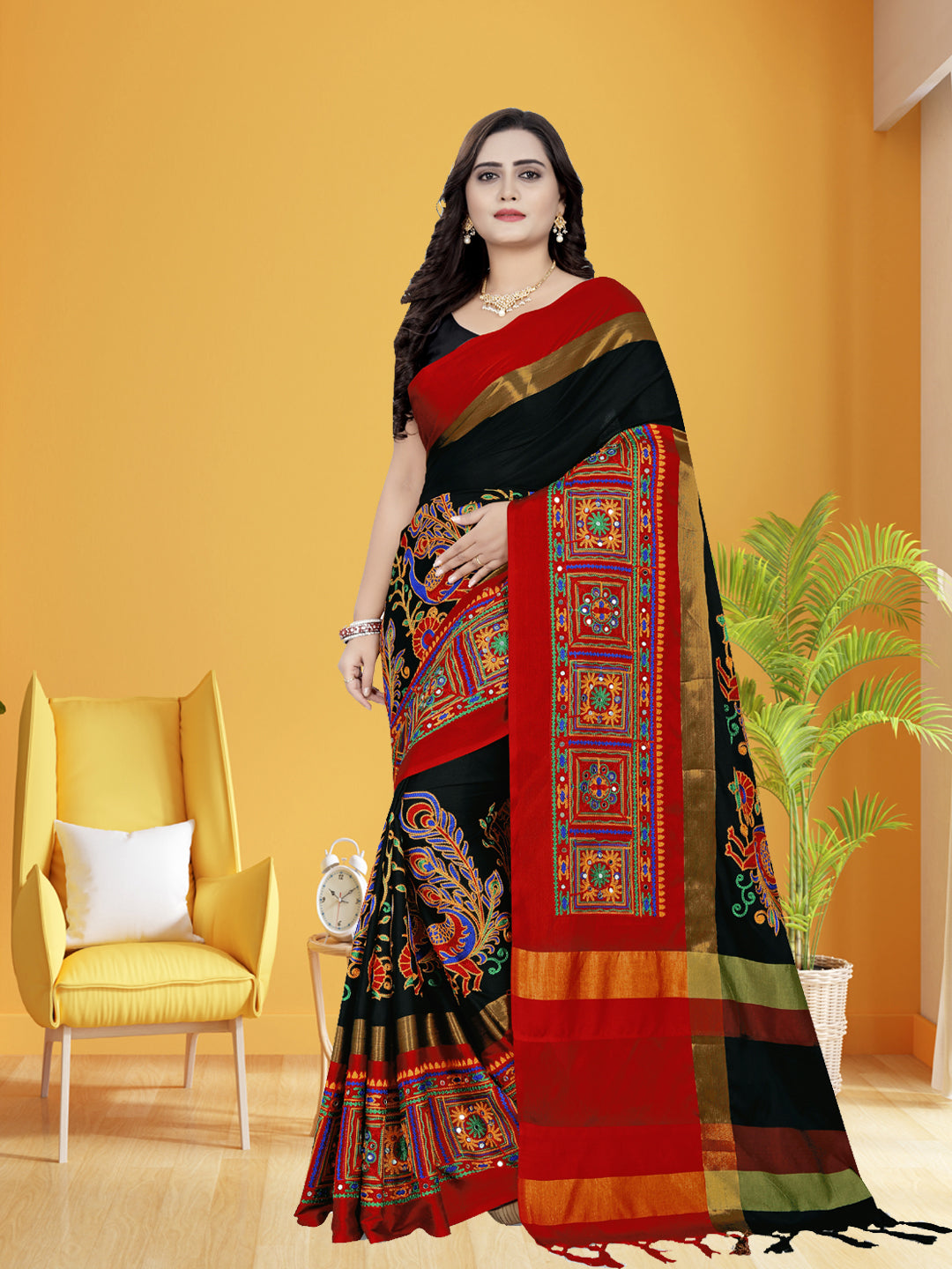 Dhiyona RV Women's Cotton Silk Heavy Kutchi Work With Peacock Design Embroidered Saree ( KVD729 )