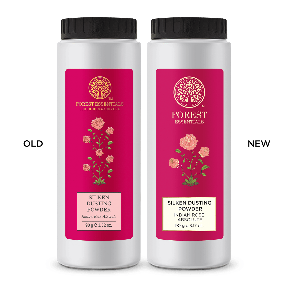 Forest Essentials Indian Rose Silken Dusting Powder in a natural, highly absorbent powder form with rose scent.